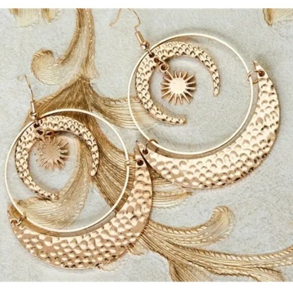 Bohemian Sun & Moon Openwork Drop Earrings - Golden -Tone Metal Detailing - Picture 3 of 3